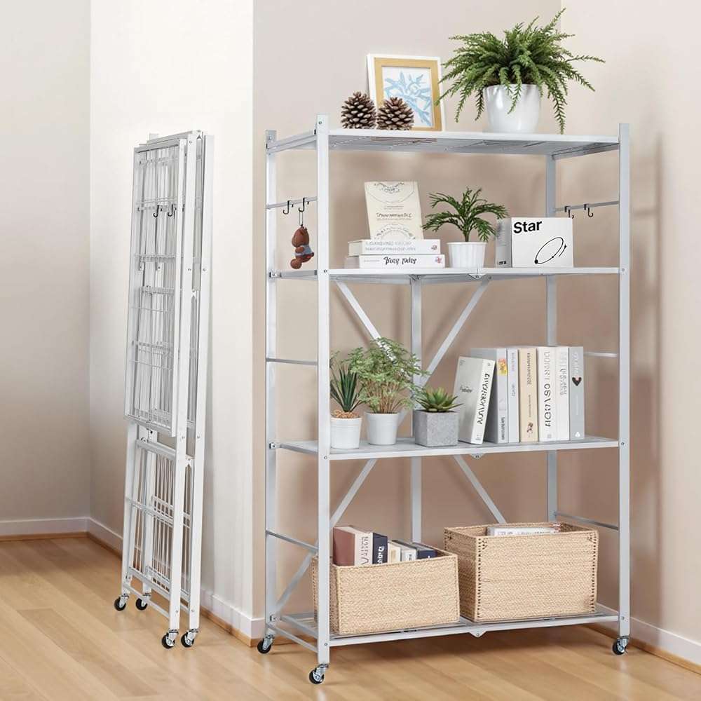 VEVOR 4-Tier Foldable Storage Shelf, 36W x 21D x 60 H Inch Folding Metal Rack Shelving Unit, No Assembly Organizer Shelf with 5 Wheels & 4 Hooks for Pantry, Kitchen, Garage, Basement, White - Image 2