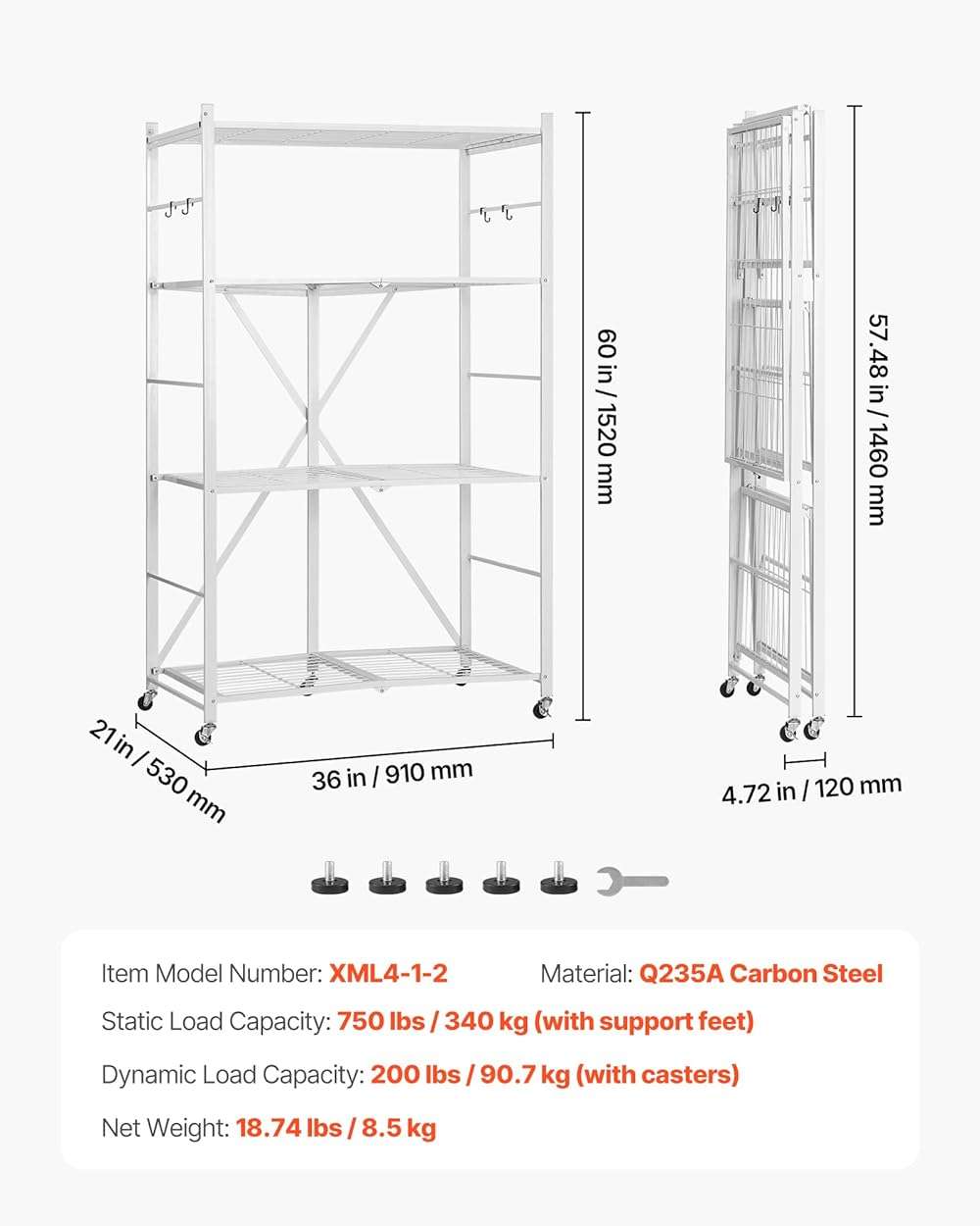 VEVOR 4-Tier Foldable Storage Shelf, 36W x 21D x 60 H Inch Folding Metal Rack Shelving Unit, No Assembly Organizer Shelf with 5 Wheels & 4 Hooks for Pantry, Kitchen, Garage, Basement, White - Image 3