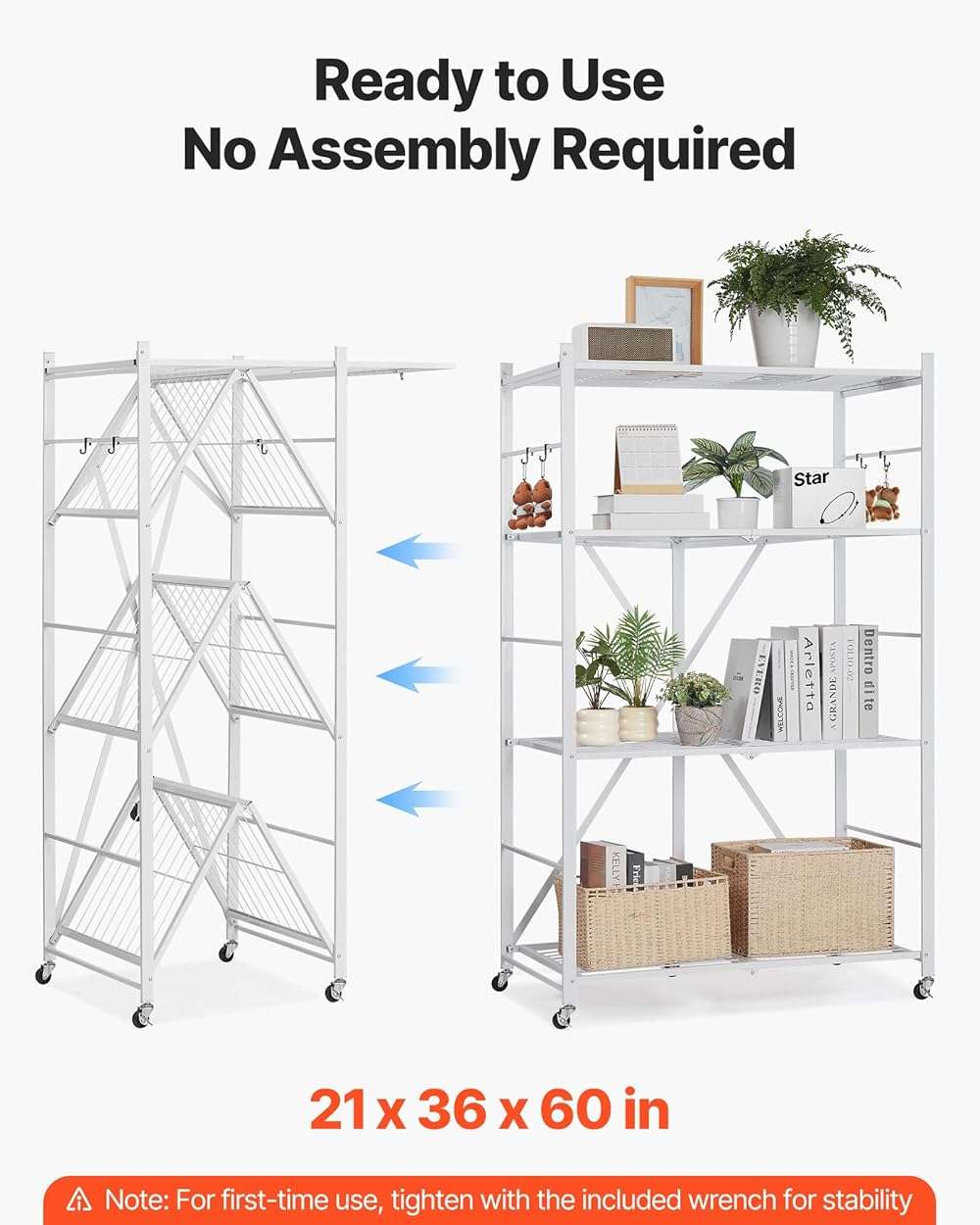 VEVOR 4-Tier Foldable Storage Shelf, 36W x 21D x 60 H Inch Folding Metal Rack Shelving Unit, No Assembly Organizer Shelf with 5 Wheels & 4 Hooks for Pantry, Kitchen, Garage, Basement, White - Image 4