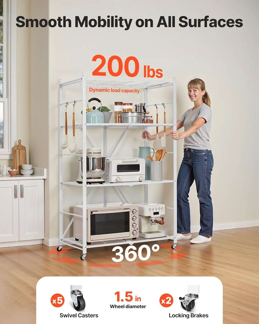 VEVOR 4-Tier Foldable Storage Shelf, 36W x 21D x 60 H Inch Folding Metal Rack Shelving Unit, No Assembly Organizer Shelf with 5 Wheels & 4 Hooks for Pantry, Kitchen, Garage, Basement, White - Image 5
