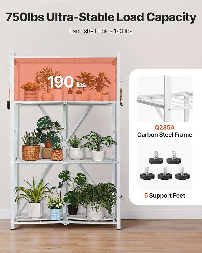 VEVOR 4-Tier Foldable Storage Shelf, 36W x 21D x 60 H Inch Folding Metal Rack Shelving Unit, No Assembly Organizer Shelf with 5 Wheels & 4 Hooks for Pantry, Kitchen, Garage, Basement, White - Image 6