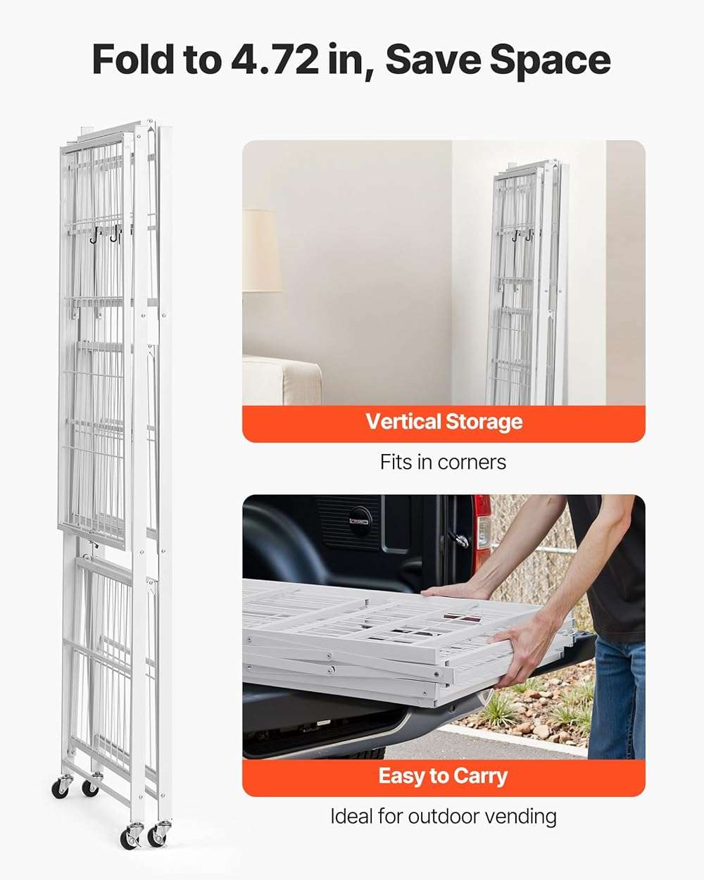 VEVOR 4-Tier Foldable Storage Shelf, 36W x 21D x 60 H Inch Folding Metal Rack Shelving Unit, No Assembly Organizer Shelf with 5 Wheels & 4 Hooks for Pantry, Kitchen, Garage, Basement, White - Image 7