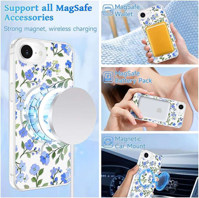 EYZUTAK Magnetic for iPhone 17e/iPhone 16e Case Flower Case Compatible with MagSafe, Pretty Floral Stylish Aesthetic Phone Cover Slim Clear Anti-Yellowing Protective Cover for Girls Women - Blue - Image 2