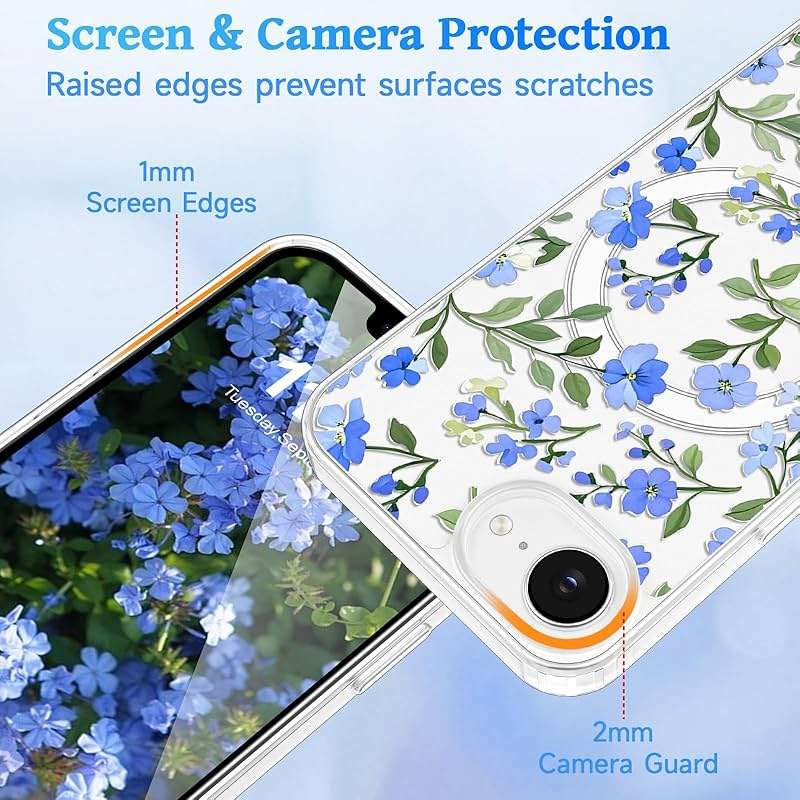 EYZUTAK Magnetic for iPhone 17e/iPhone 16e Case Flower Case Compatible with MagSafe, Pretty Floral Stylish Aesthetic Phone Cover Slim Clear Anti-Yellowing Protective Cover for Girls Women - Blue - Image 4