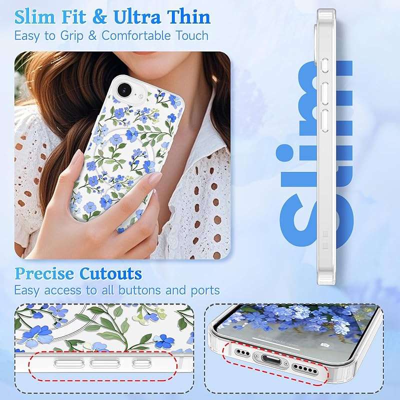 EYZUTAK Magnetic for iPhone 17e/iPhone 16e Case Flower Case Compatible with MagSafe, Pretty Floral Stylish Aesthetic Phone Cover Slim Clear Anti-Yellowing Protective Cover for Girls Women - Blue - Image 6