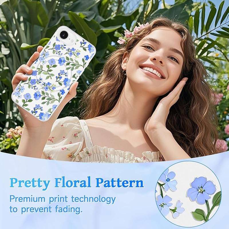 EYZUTAK Magnetic for iPhone 17e/iPhone 16e Case Flower Case Compatible with MagSafe, Pretty Floral Stylish Aesthetic Phone Cover Slim Clear Anti-Yellowing Protective Cover for Girls Women - Blue - Image 7