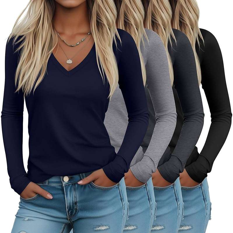 Riyiper 4 Pack Women's Deep V Neck T-Shirts, Long Sleeve Slim Fitted Tee Tops Casual Fall Basic Tee Shirts - Image 1