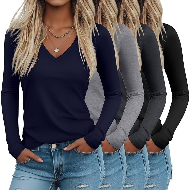 Riyiper 4 Pack Women's Deep V Neck T-Shirts, Long Sleeve Slim Fitted Tee Tops Casual Fall Basic Tee Shirts - Product Image