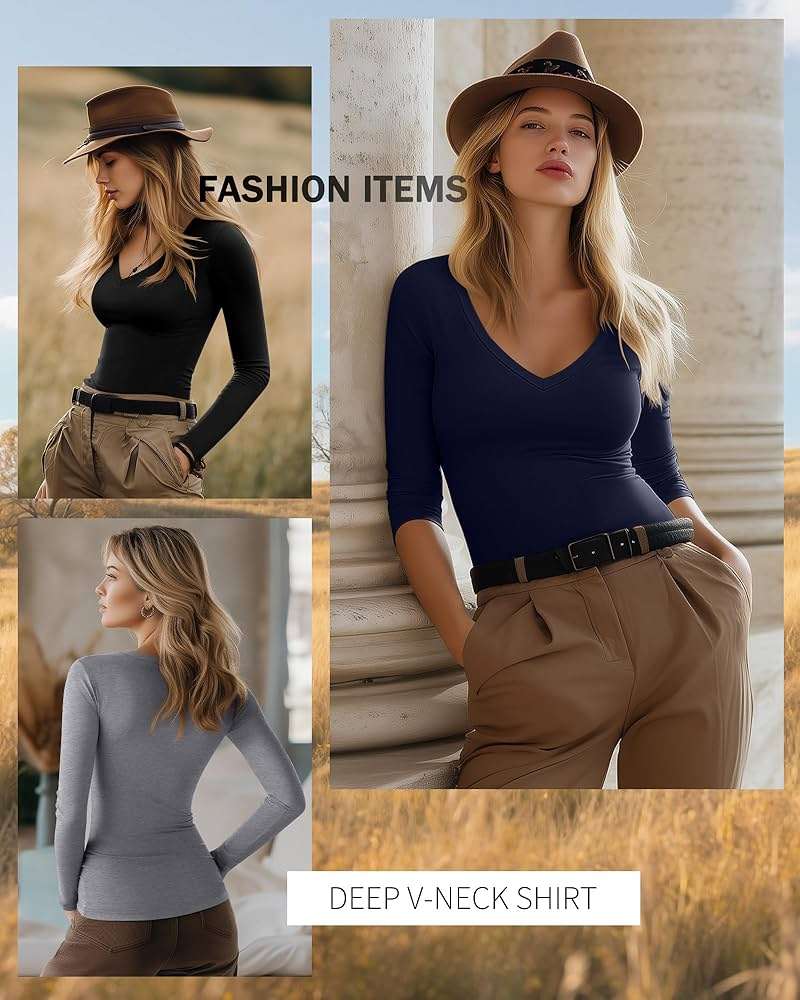 Riyiper 4 Pack Women's Deep V Neck T-Shirts, Long Sleeve Slim Fitted Tee Tops Casual Fall Basic Tee Shirts - Image 4
