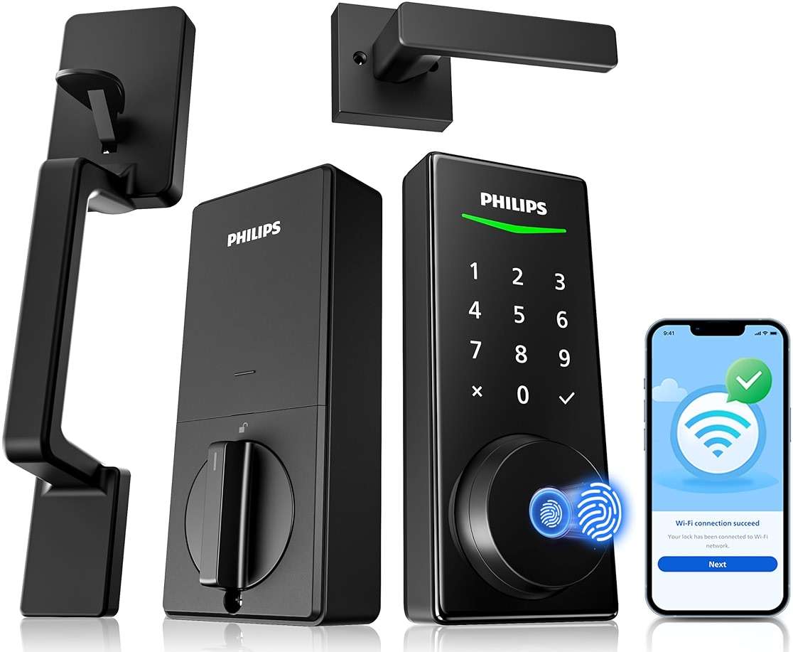 Philips Touchscreen WiFi Smart Lock with Handle Set, Built-in WiFi, Remote Control & Voice Control, Fingerprint Keyless Entry Door Lock, Smart Locks for Front Door Deadbolt, Auto-Lock, Matte Black - Image 1