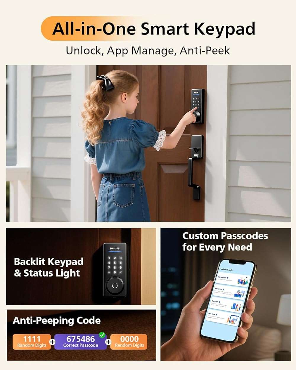 Philips Touchscreen WiFi Smart Lock with Handle Set, Built-in WiFi, Remote Control & Voice Control, Fingerprint Keyless Entry Door Lock, Smart Locks for Front Door Deadbolt, Auto-Lock, Matte Black - Image 6