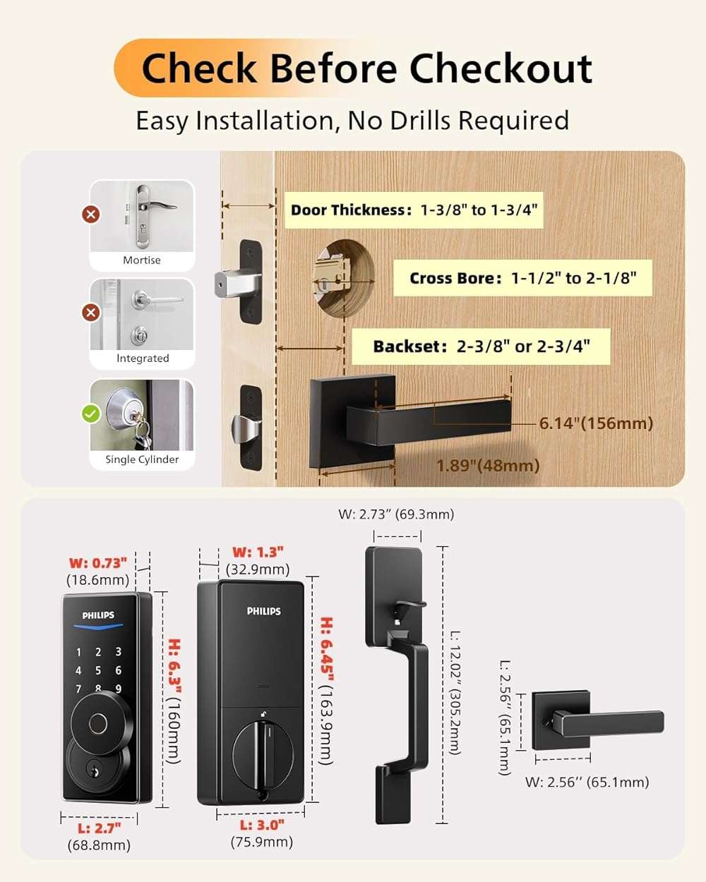 Philips Touchscreen WiFi Smart Lock with Handle Set, Built-in WiFi, Remote Control & Voice Control, Fingerprint Keyless Entry Door Lock, Smart Locks for Front Door Deadbolt, Auto-Lock, Matte Black - Image 9