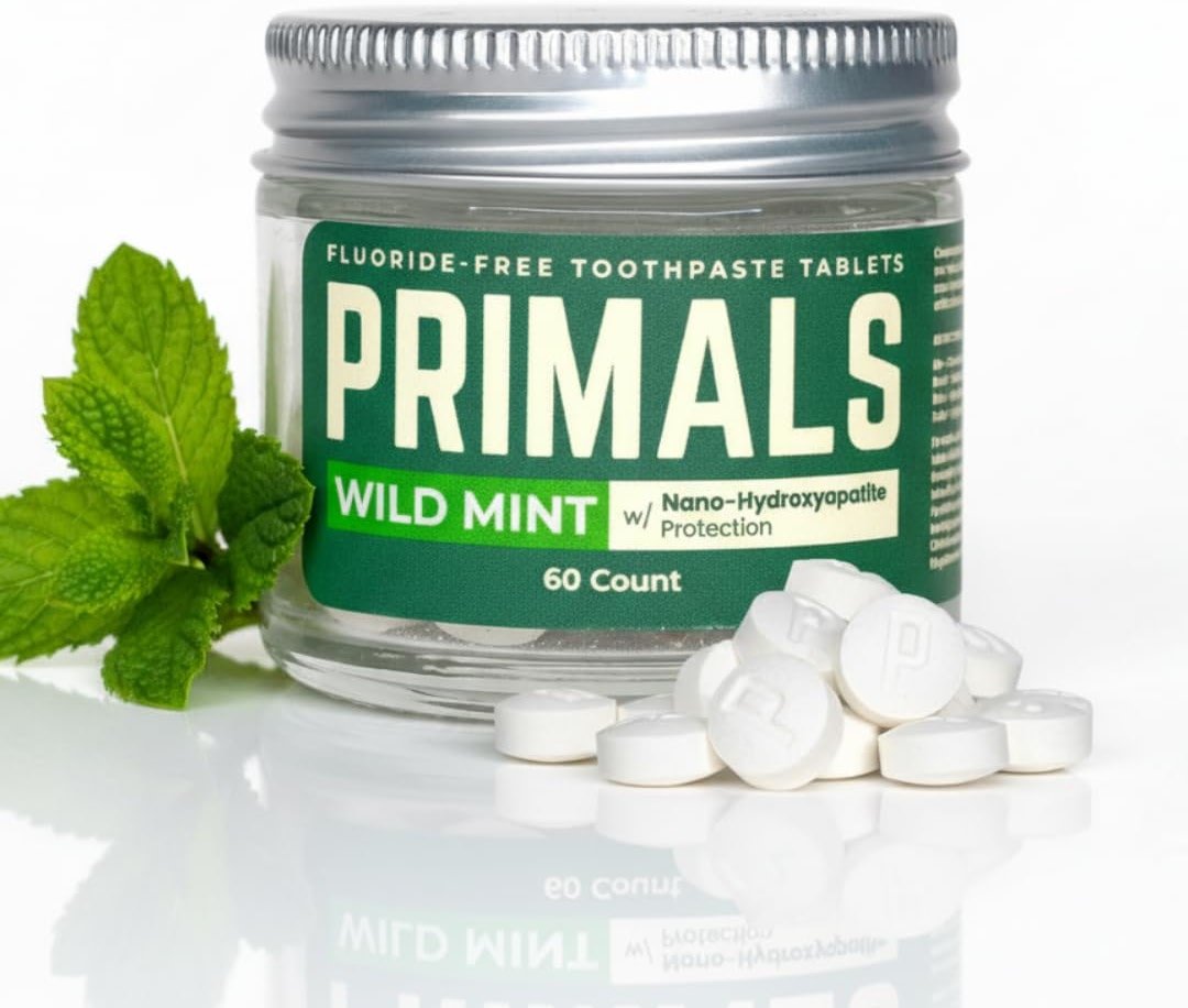 PRIMALS Fluoride-Free Toothpaste Tablets - Nano Hydroxyapatite - Zero Artificial Flavors or Plastic - Remineralizes & Whitens Teeth - 60 Count (1 Month Supply) - Product Image