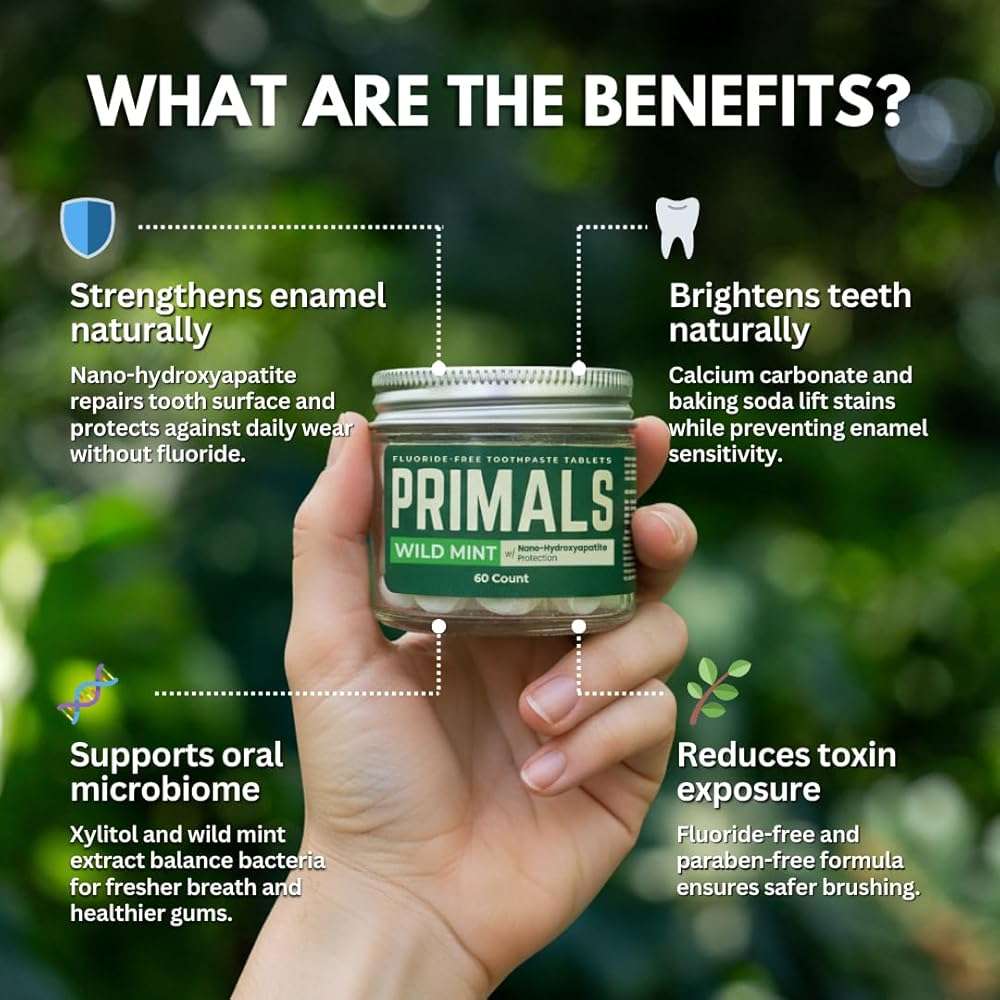 PRIMALS Fluoride-Free Toothpaste Tablets - Nano Hydroxyapatite - Zero Artificial Flavors or Plastic - Remineralizes & Whitens Teeth - 60 Count (1 Month Supply) - Image 2