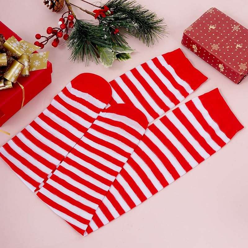 Sucrain Thin Stripe Top Knee Socks Over Knee Thigh High Stockings Christmas Halloween Cosplay Costume Accessories for Women - Image 3
