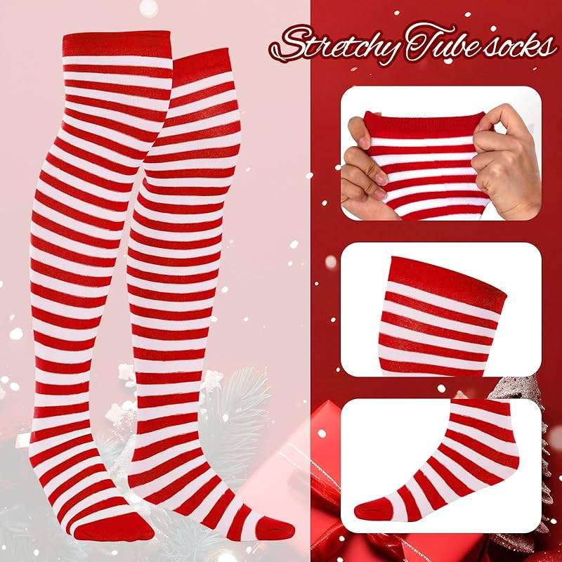 Sucrain Thin Stripe Top Knee Socks Over Knee Thigh High Stockings Christmas Halloween Cosplay Costume Accessories for Women - Image 5
