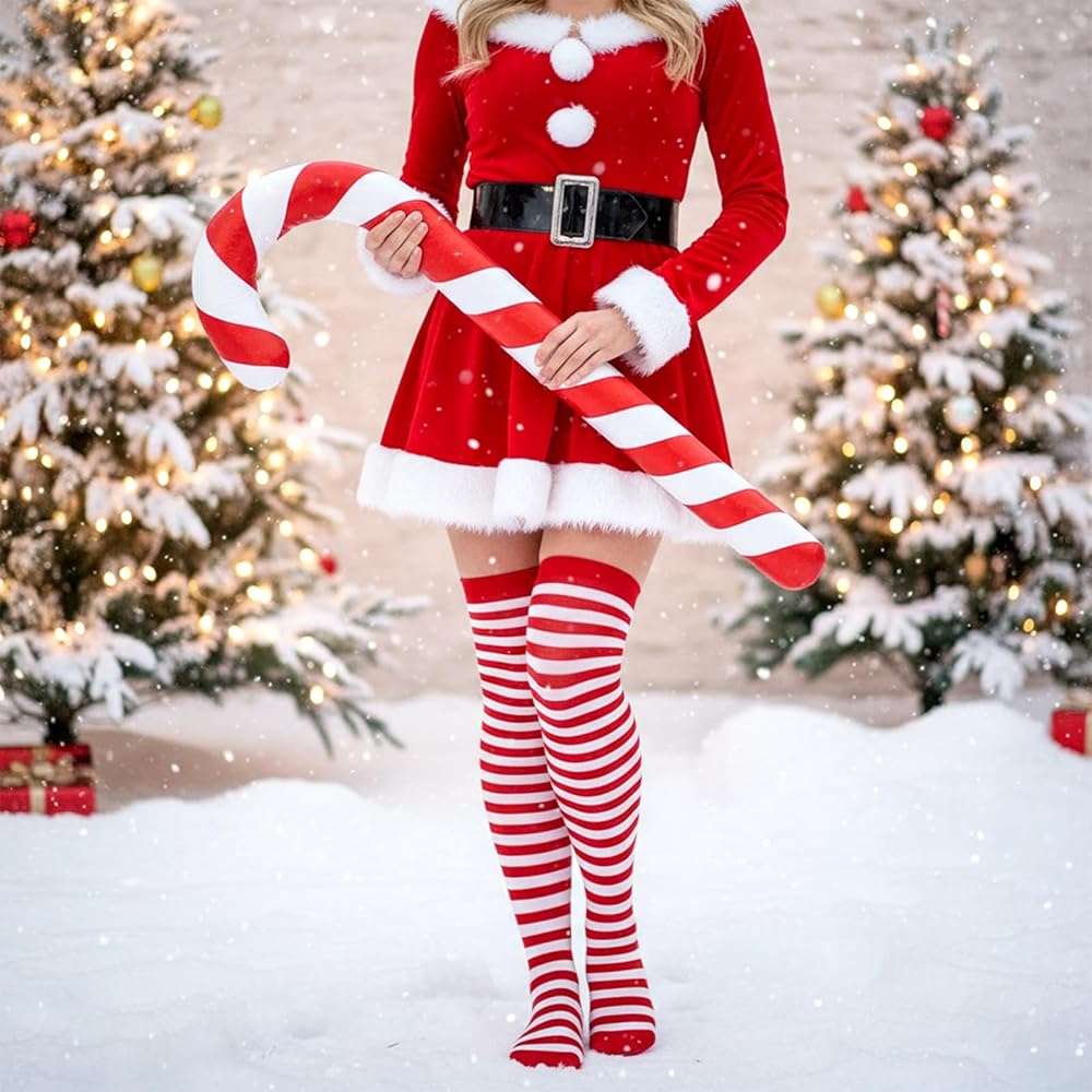 Sucrain Thin Stripe Top Knee Socks Over Knee Thigh High Stockings Christmas Halloween Cosplay Costume Accessories for Women - Image 6