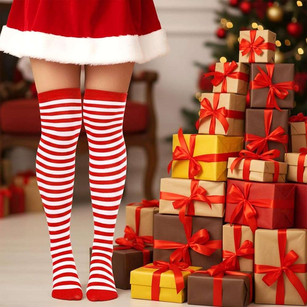 Sucrain Thin Stripe Top Knee Socks Over Knee Thigh High Stockings Christmas Halloween Cosplay Costume Accessories for Women - Image 7