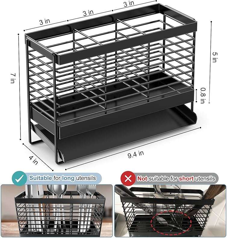 IWNTWY Utensil Holder, Upgrade Stainless Steel Utensil Drying Rack with Automatic Drain Tray for Kitchen Counter, Silverware Cutlery Organizer for Spoons, Forks, Knifes, Chopsticks (Black) - Image 3