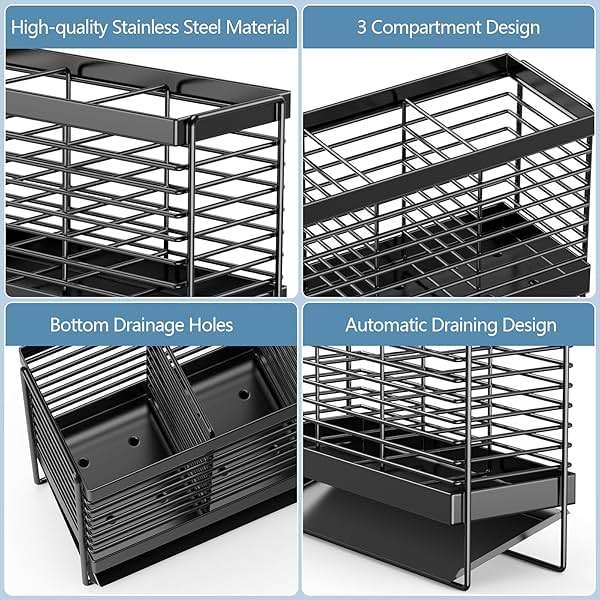 IWNTWY Utensil Holder, Upgrade Stainless Steel Utensil Drying Rack with Automatic Drain Tray for Kitchen Counter, Silverware Cutlery Organizer for Spoons, Forks, Knifes, Chopsticks (Black) - Image 4