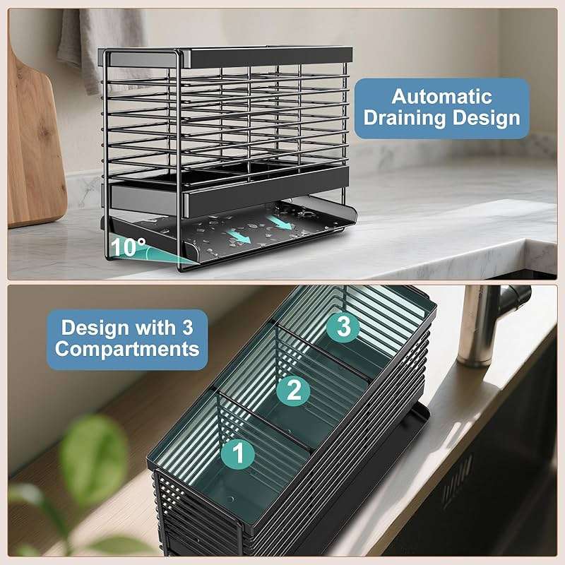 IWNTWY Utensil Holder, Upgrade Stainless Steel Utensil Drying Rack with Automatic Drain Tray for Kitchen Counter, Silverware Cutlery Organizer for Spoons, Forks, Knifes, Chopsticks (Black) - Image 5