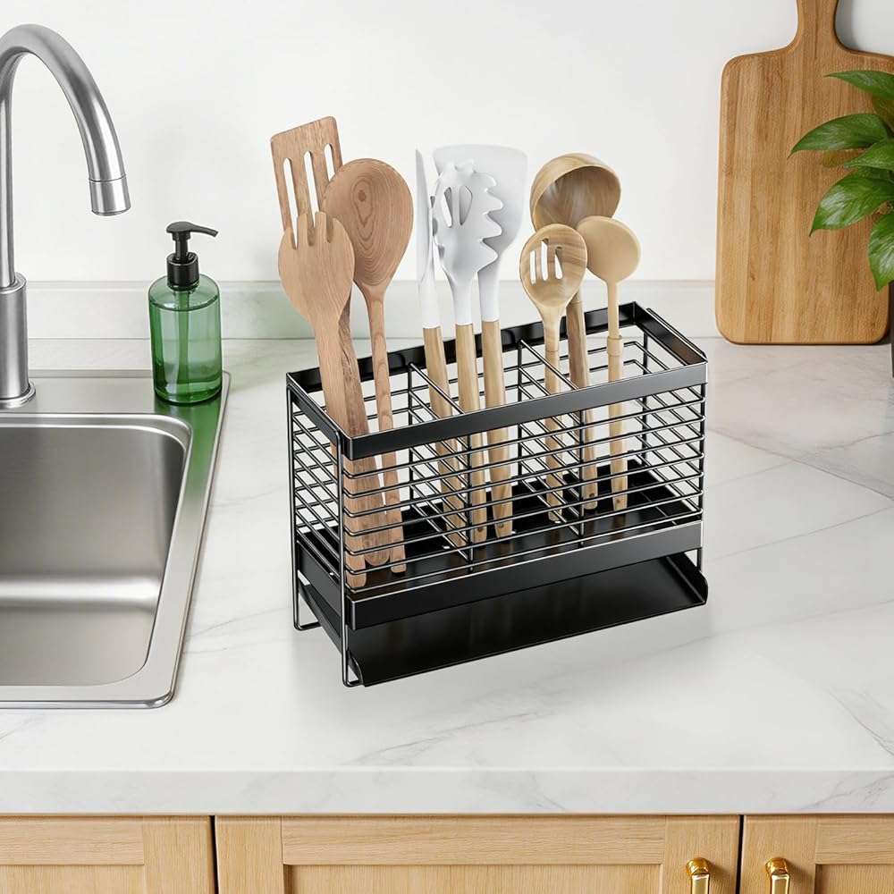 IWNTWY Utensil Holder, Upgrade Stainless Steel Utensil Drying Rack with Automatic Drain Tray for Kitchen Counter, Silverware Cutlery Organizer for Spoons, Forks, Knifes, Chopsticks (Black) - Image 6