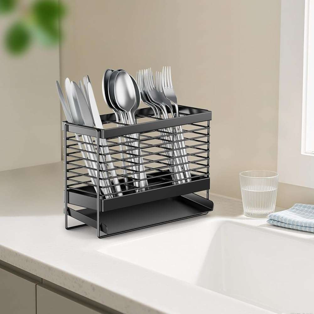 IWNTWY Utensil Holder, Upgrade Stainless Steel Utensil Drying Rack with Automatic Drain Tray for Kitchen Counter, Silverware Cutlery Organizer for Spoons, Forks, Knifes, Chopsticks (Black) - Image 7
