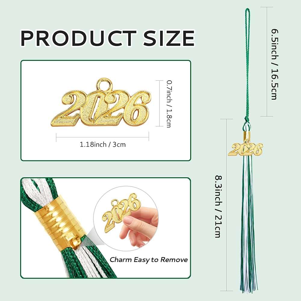 2026 Tassel Graduation, Green and White Graduation Tassel, 2026 Tassel Charms for Graduations Cap Decorations, Tassels Memorial Grad Cords for College High School Graduate Hat Ceremonies Accessories - Image 3