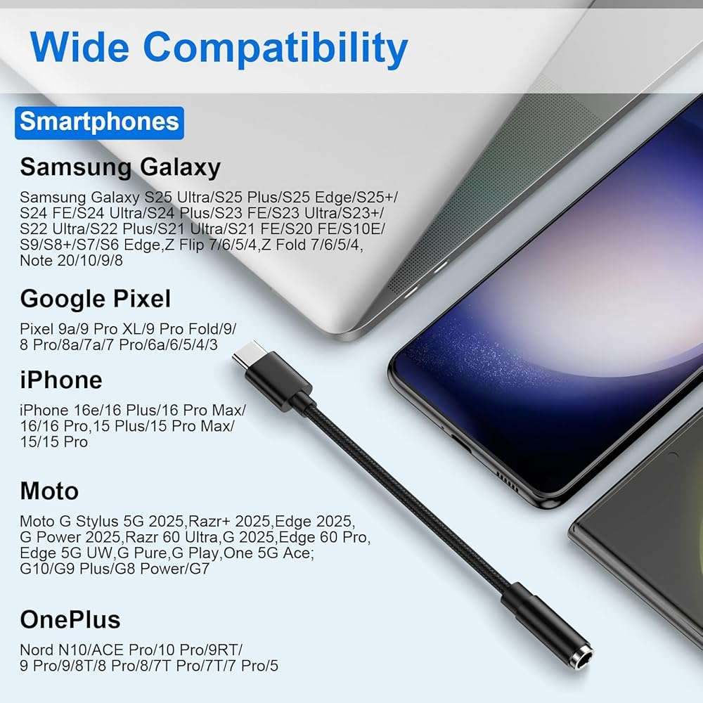 USB C to 3.5mm Audio Headphone Jack Adapter for Samsung Galaxy A17 A16 A56 S25 Ultra/Edge S24 A36 A54 S23,Type C to Aux Audio Dongle Cable Cord for iPhone 17 Pro Max Air 16 Plus 16e,Pixel 10 Pro XL 9a - Image 7