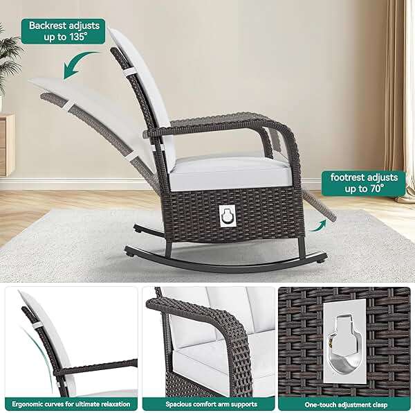 YITAHOME Outdoor Rocking Chair, Wicker Lounge Chair with Adjustment Backrest, PE Rattan Patio Recliner with Adjustable Footrest and Soft Cushions, Ideal for Garden Backyard Porch Patio - Image 4