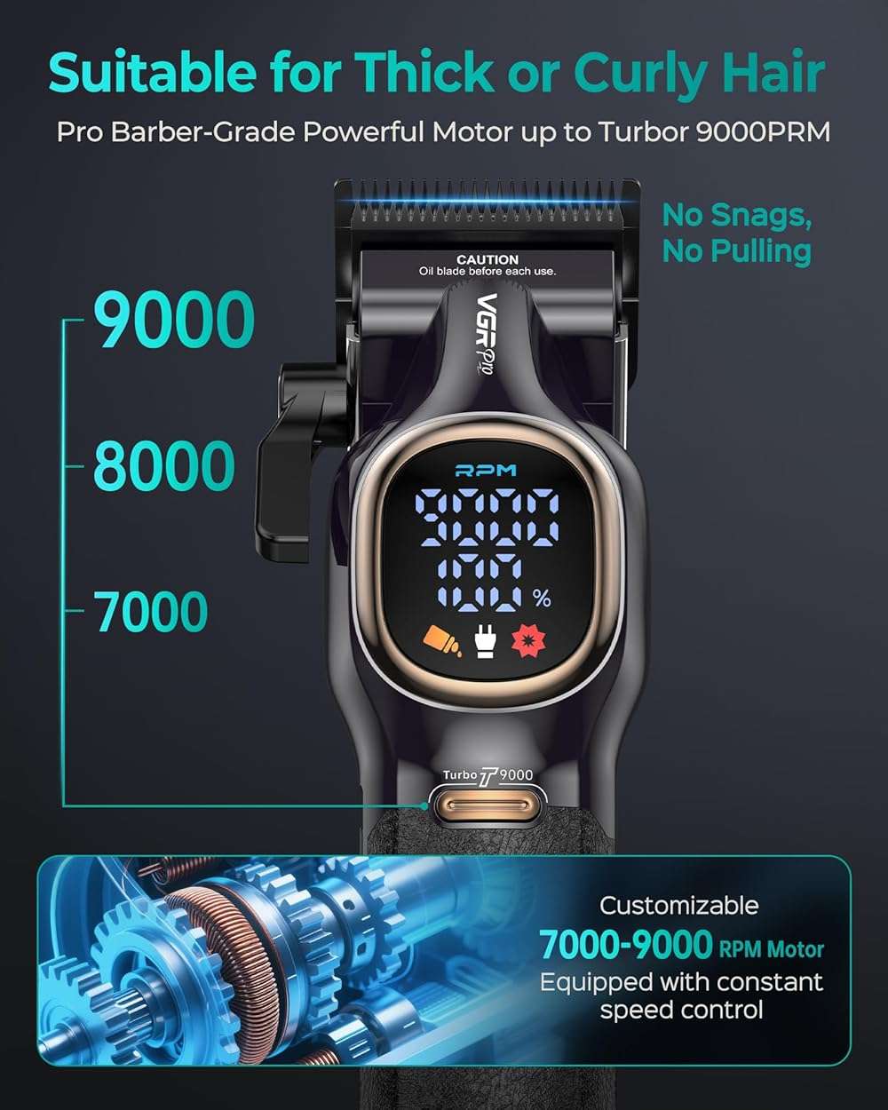 VGRPRO Professional Hair Clippers for Men, Professional Barber Clippers and Trimmer Set, Cordless Hair Clippers for Hair Cutting with Package Case, Powerful 9000 PRM Rechargable Electric Clippers - Image 3