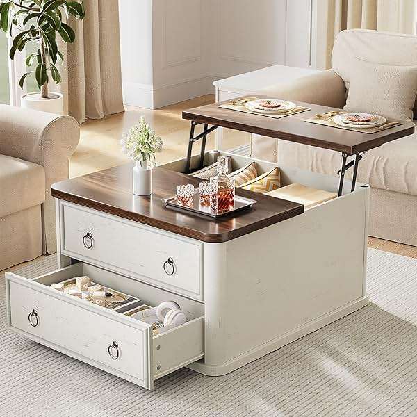 Memobarco 31.5" Lift Top Coffee Table with Storage,Square Coffee Tables with Lifting top for Living Room,Farmhouse Coffee Table with Storage Drawers and Large Hidden Compartment,Rustic White+Walnut - Image 1