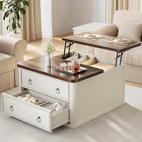 Memobarco 31.5" Lift Top Coffee Table with Storage,Square Coffee Tables with Lifting top for Living Room,Farmhouse Coffee Table with Storage Drawers and Large Hidden Compartment,Rustic White+Walnut - Product Image