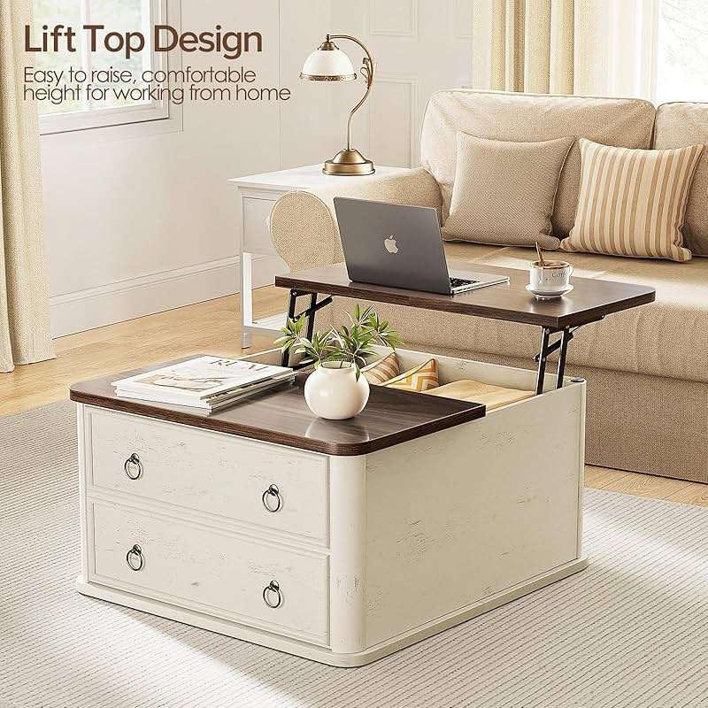 Memobarco 31.5" Lift Top Coffee Table with Storage,Square Coffee Tables with Lifting top for Living Room,Farmhouse Coffee Table with Storage Drawers and Large Hidden Compartment,Rustic White+Walnut - Image 3