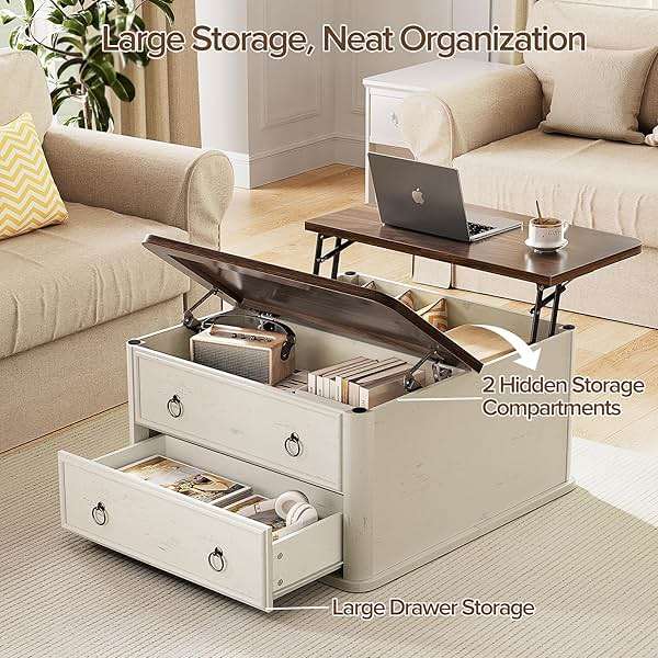 Memobarco 31.5" Lift Top Coffee Table with Storage,Square Coffee Tables with Lifting top for Living Room,Farmhouse Coffee Table with Storage Drawers and Large Hidden Compartment,Rustic White+Walnut - Image 4