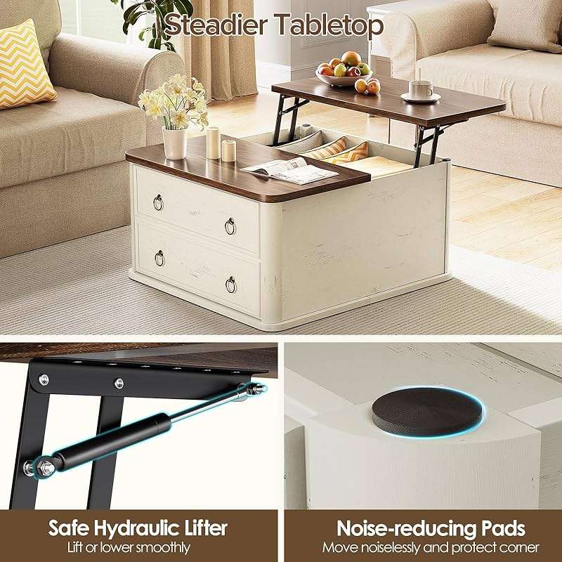 Memobarco 31.5" Lift Top Coffee Table with Storage,Square Coffee Tables with Lifting top for Living Room,Farmhouse Coffee Table with Storage Drawers and Large Hidden Compartment,Rustic White+Walnut - Image 5