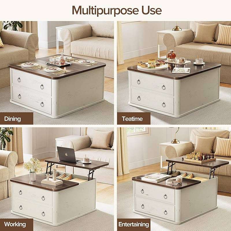 Memobarco 31.5" Lift Top Coffee Table with Storage,Square Coffee Tables with Lifting top for Living Room,Farmhouse Coffee Table with Storage Drawers and Large Hidden Compartment,Rustic White+Walnut - Image 7