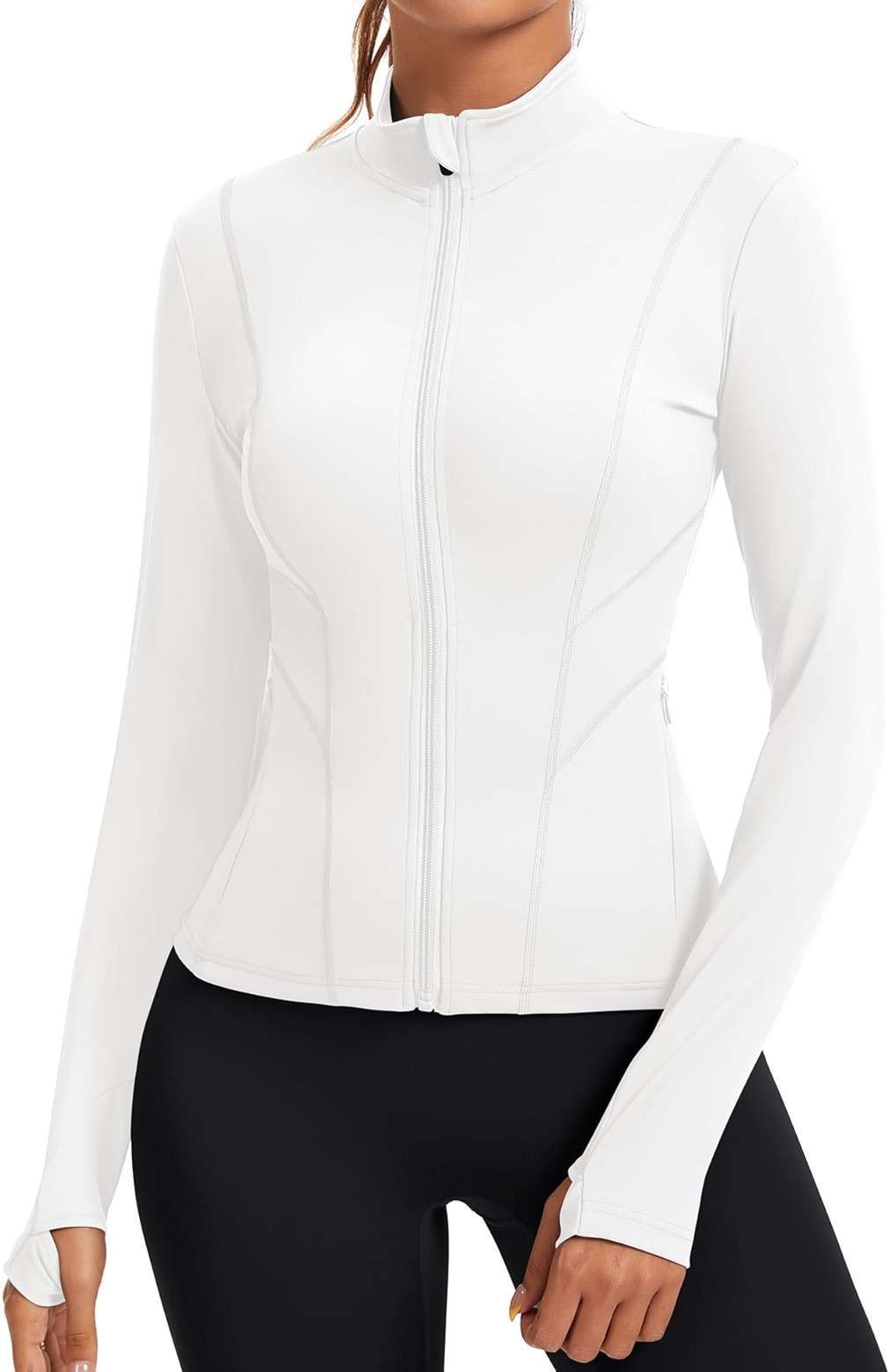 Rapbin Women's Slim Fit Workout Jackets Full Zip Long Sleeve Running Athletic Tops Yoga Shirts with Thumb Holes - Image 1