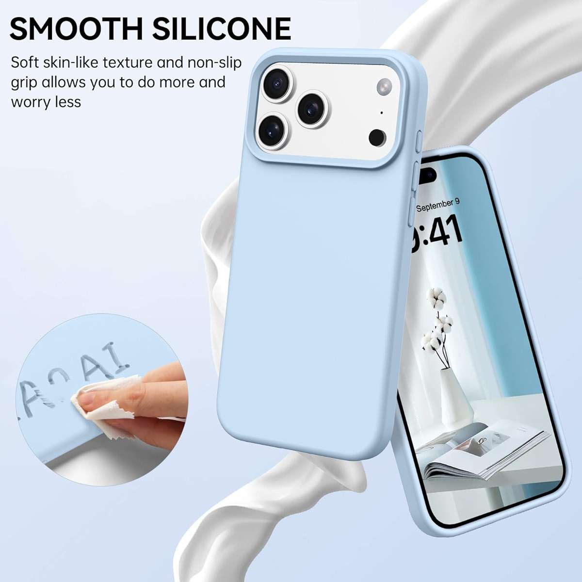 Telaso Case for iPhone 17 Pro Max, Liquid Silicone Soft Gel Rubber iPhone 17 Pro Max Phone Case Slim Thin Phone Case with Microfiber Lining Protective Phone Cases Cover for Men Women, Light Blue - Image 4