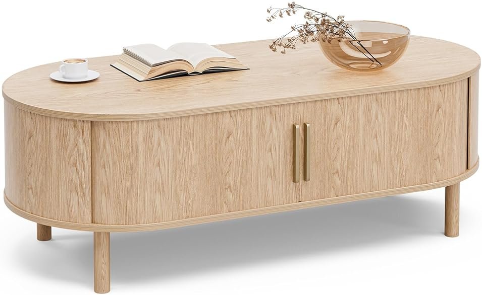 ZttRiee Coffee Table for Living Room, Modern Oval Coffee Table with Cabinets & Sliding Doors, Home Small Space, 47.2" Fluted Center Table, Natual - Product Image