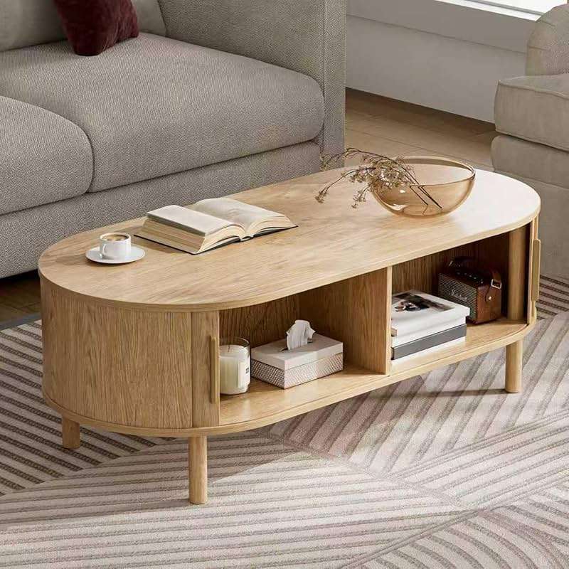 ZttRiee Coffee Table for Living Room, Modern Oval Coffee Table with Cabinets & Sliding Doors, Home Small Space, 47.2" Fluted Center Table, Natual - Image 2