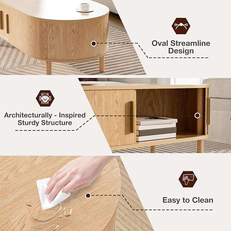 ZttRiee Coffee Table for Living Room, Modern Oval Coffee Table with Cabinets & Sliding Doors, Home Small Space, 47.2" Fluted Center Table, Natual - Image 5