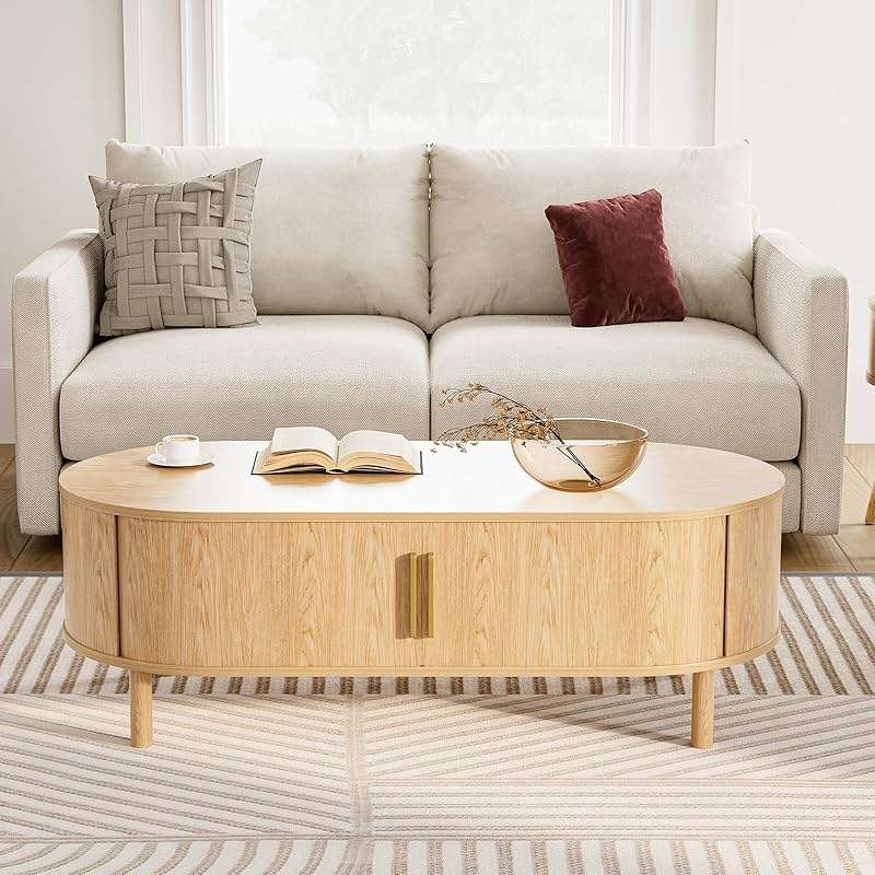 ZttRiee Coffee Table for Living Room, Modern Oval Coffee Table with Cabinets & Sliding Doors, Home Small Space, 47.2" Fluted Center Table, Natual - Image 6