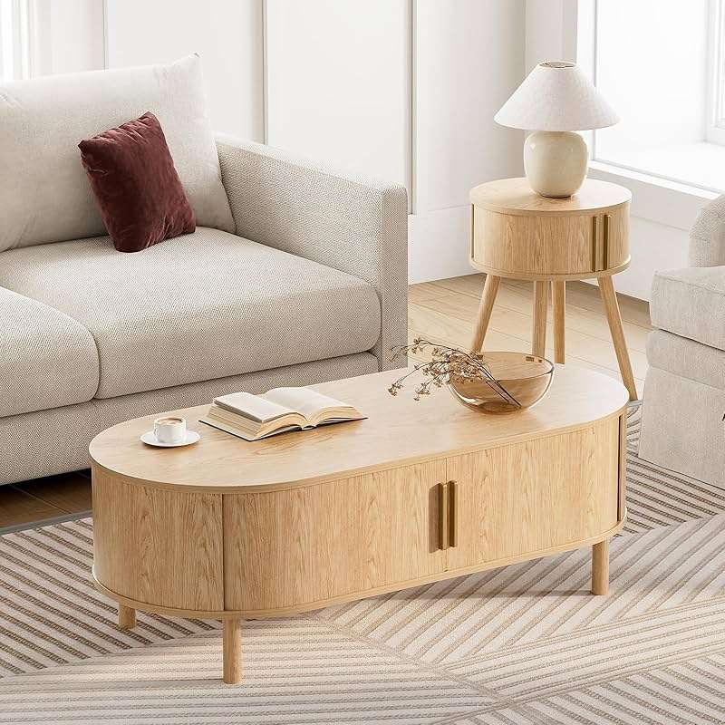 ZttRiee Coffee Table for Living Room, Modern Oval Coffee Table with Cabinets & Sliding Doors, Home Small Space, 47.2" Fluted Center Table, Natual - Image 7
