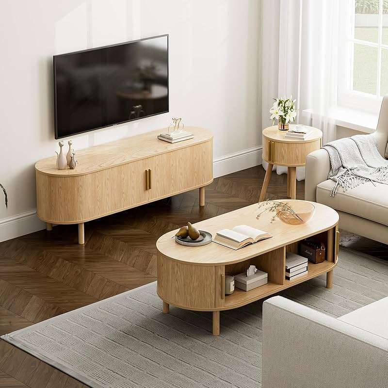 ZttRiee Coffee Table for Living Room, Modern Oval Coffee Table with Cabinets & Sliding Doors, Home Small Space, 47.2" Fluted Center Table, Natual - Image 8