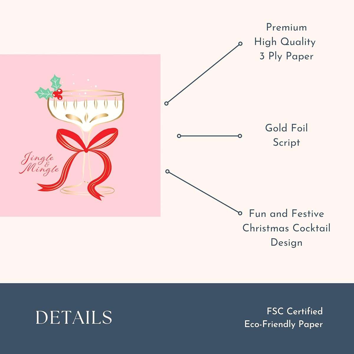 Bonjour Fete Christmas Spirits Paper Party Cocktail Napkins | 3-Ply Fancy Napkins | Festive Holiday Supplies for Christmas, Holiday Parties, and Seasonal Celebrations | Pack of 20, 5" Folded - Image 5