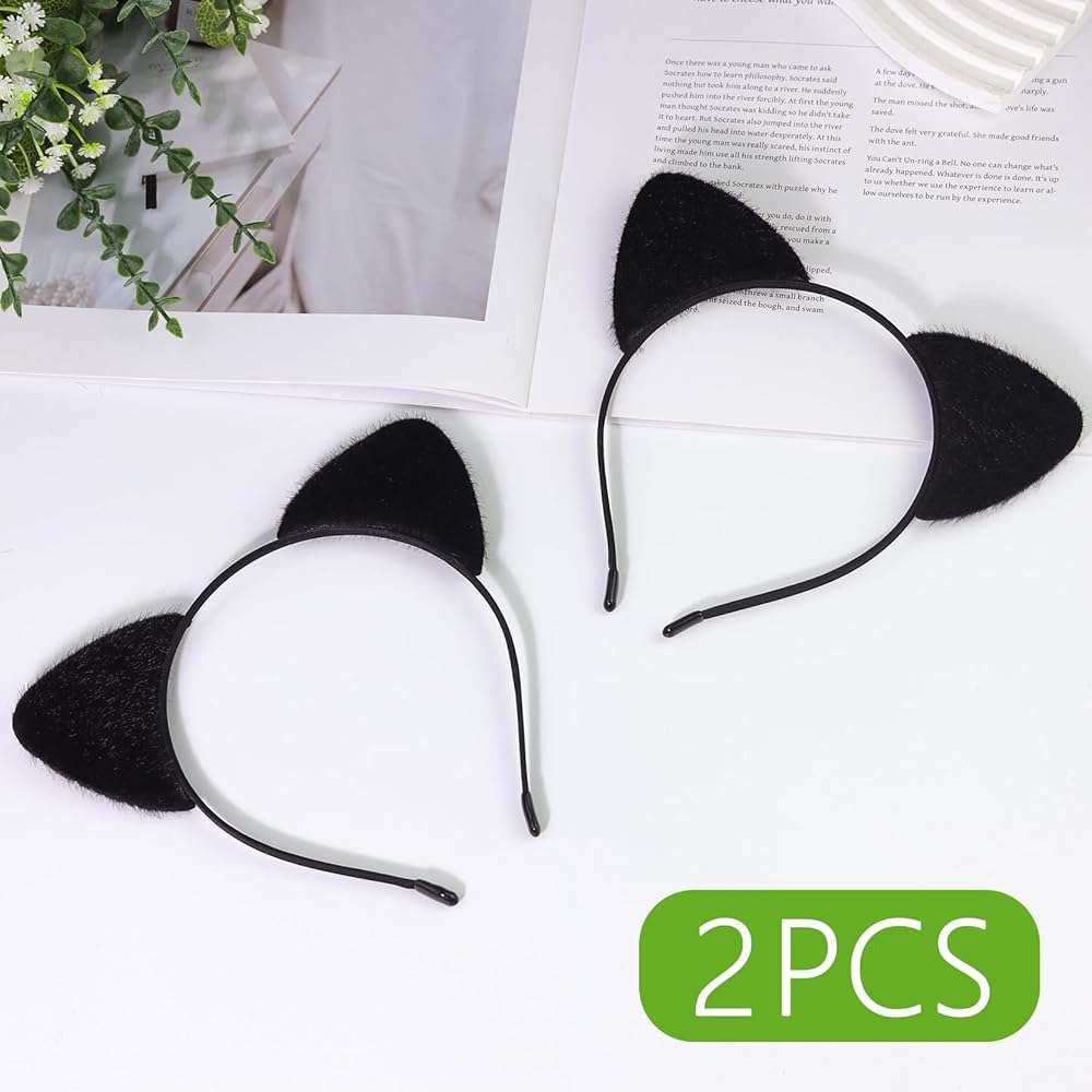 Wgyanjie 2 Pack Furry Cat Ears - Black Cat Ears Headband Cat Woman Costume Accessories Kitty Ear for Halloween - Image 3