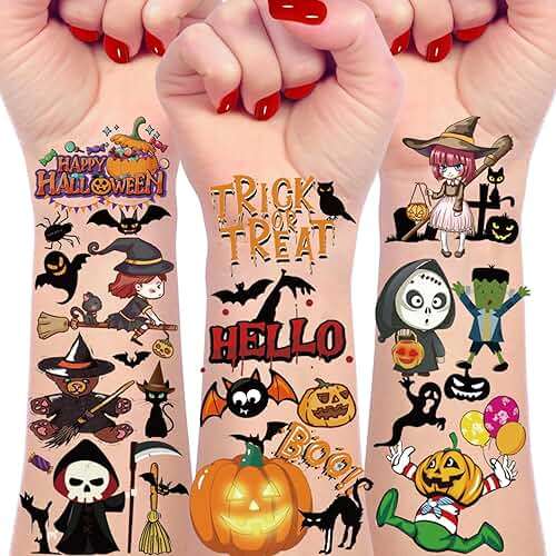 166Pcs Halloween Party Favors - Cute Halloween Tattoos Supplies Goodie Bag Stuffers for Halloween Decor Indoor, 4 Sheets Halloween Tattoos & Halloween Decorations Gifts for Party & Cosplay - Image 1