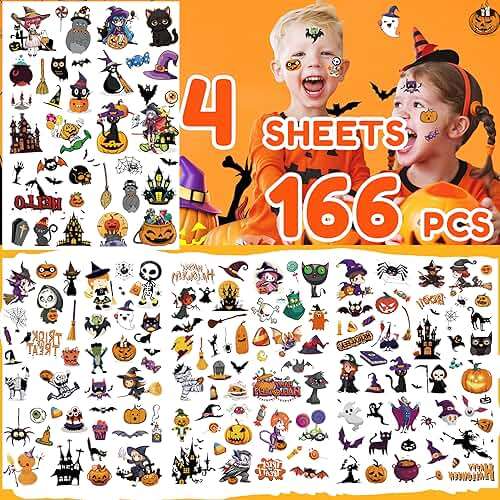 166Pcs Halloween Party Favors - Cute Halloween Tattoos Supplies Goodie Bag Stuffers for Halloween Decor Indoor, 4 Sheets Halloween Tattoos & Halloween Decorations Gifts for Party & Cosplay - Image 2