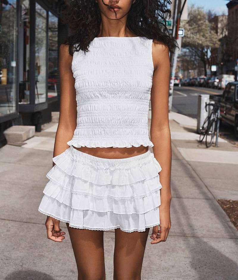 Mxiqqpltky Lace Trim Short Skirt for Women Y2k Pleated Skater Skirts Elastic Low Waist Ruffled Tiered Mini Skirts Prom Skorts - Image 8